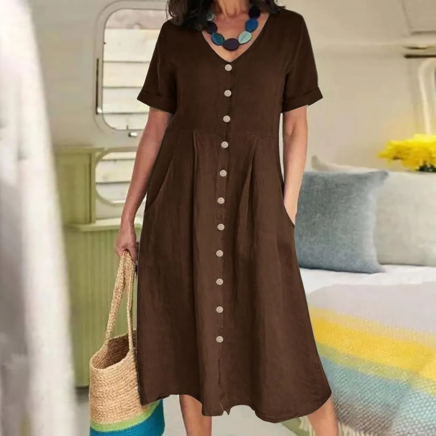 Women's Linen Midi Dress Elegant Button Down V-Neck Short Sleeve Dresses with Pockets Summer Beach Vacation Clothes