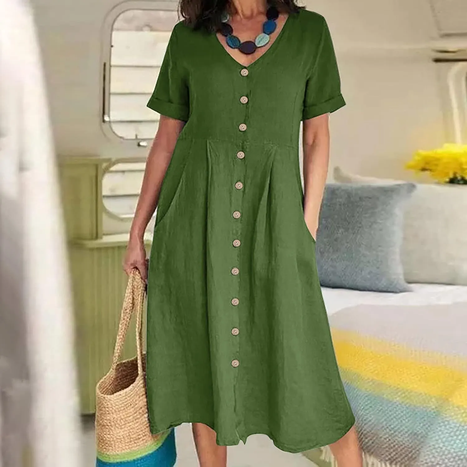 Women's Linen Midi Dress Elegant Button Down V-Neck Short Sleeve Dresses with Pockets Summer Beach Vacation Clothes