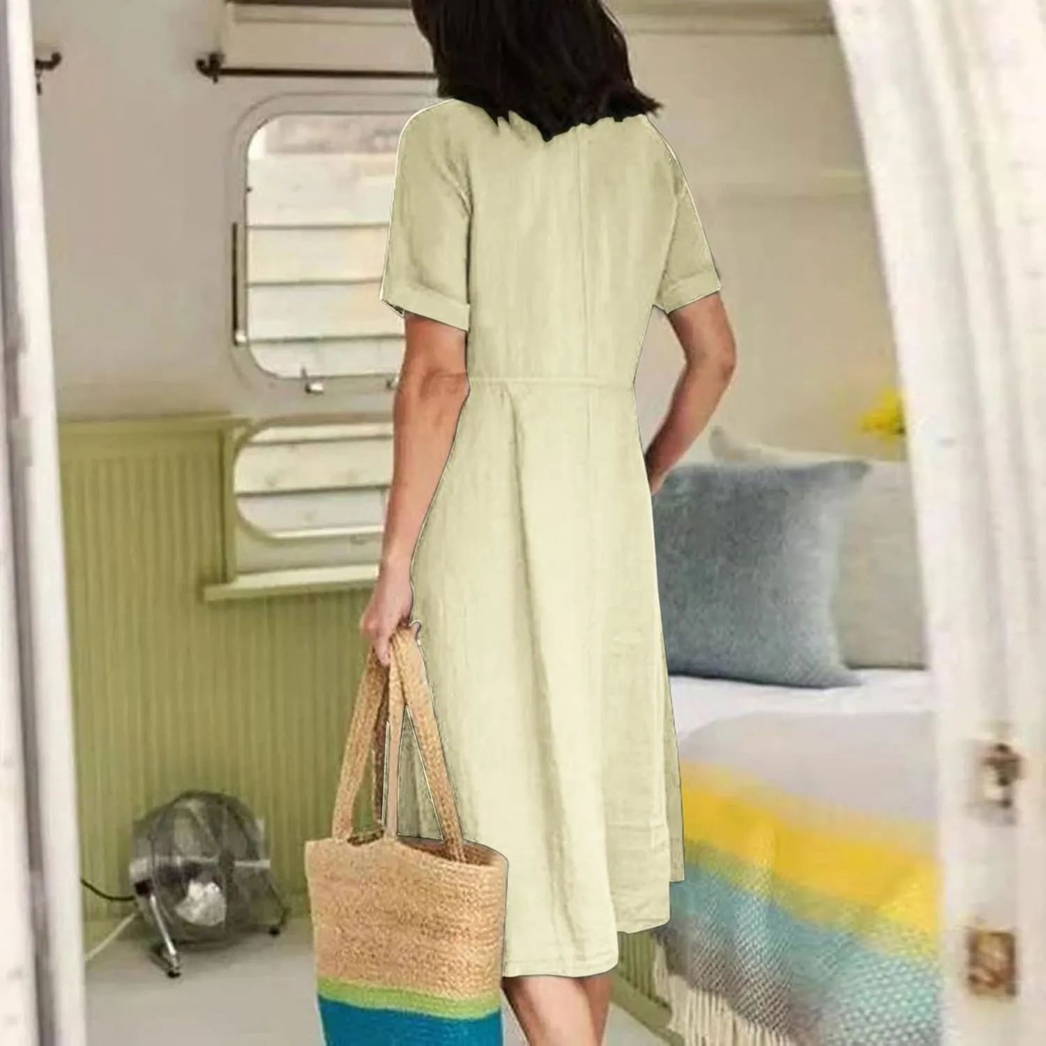 Women's Linen Midi Dress Elegant Button Down V-Neck Short Sleeve Dresses with Pockets Summer Beach Vacation Clothes