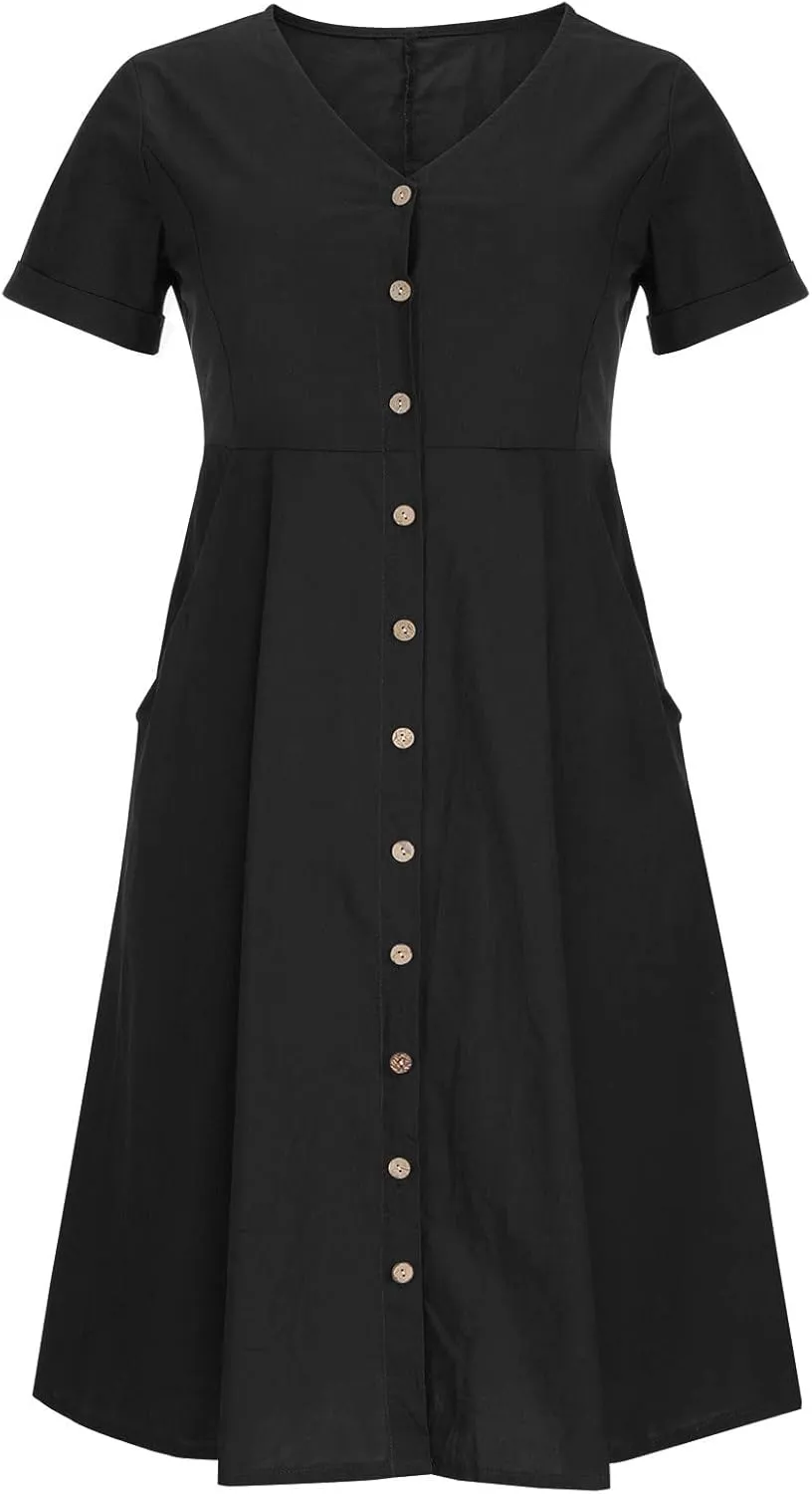 Women's Linen Midi Dress Elegant Button Down V-Neck Short Sleeve Dresses with Pockets Summer Beach Vacation Clothes
