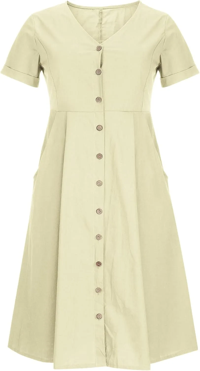 Women's Linen Midi Dress Elegant Button Down V-Neck Short Sleeve Dresses with Pockets Summer Beach Vacation Clothes