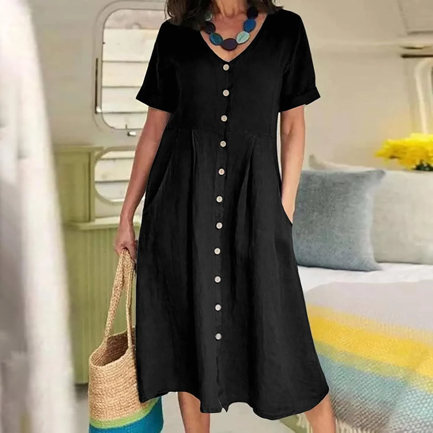Women's Linen Midi Dress Elegant Button Down V-Neck Short Sleeve Dresses with Pockets Summer Beach Vacation Clothes