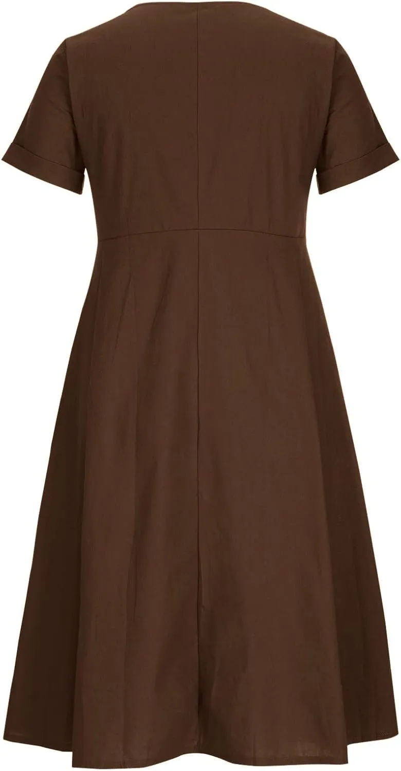 Women's Linen Midi Dress Elegant Button Down V-Neck Short Sleeve Dresses with Pockets Summer Beach Vacation Clothes
