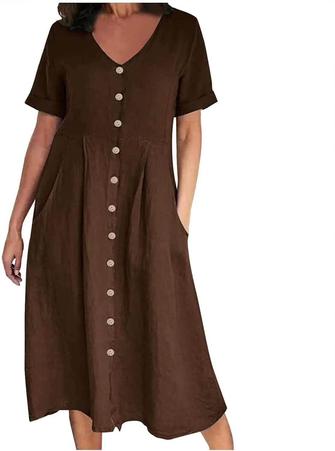 Women's Linen Midi Dress Elegant Button Down V-Neck Short Sleeve Dresses with Pockets Summer Beach Vacation Clothes
