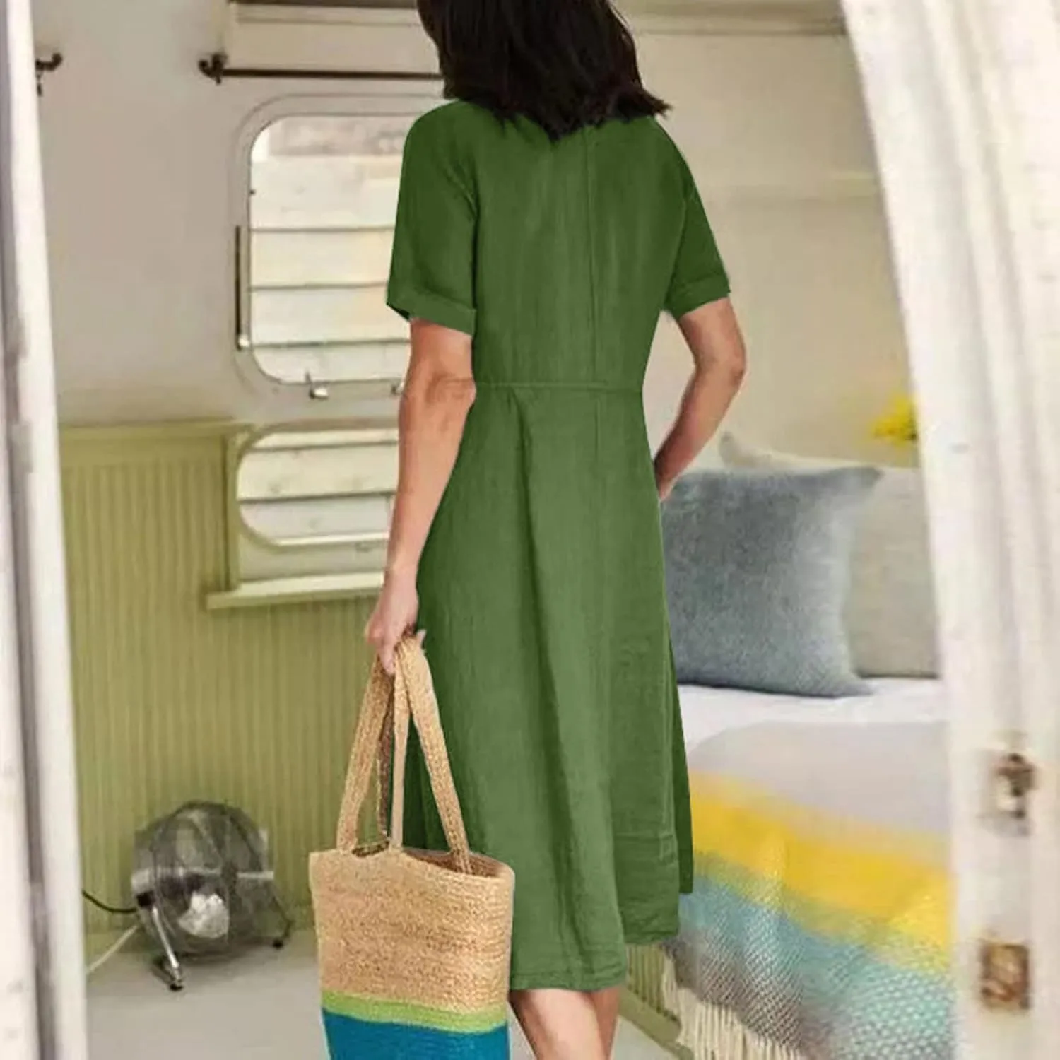 Women's Linen Midi Dress Elegant Button Down V-Neck Short Sleeve Dresses with Pockets Summer Beach Vacation Clothes