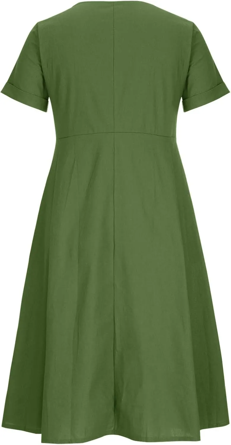 Women's Linen Midi Dress Elegant Button Down V-Neck Short Sleeve Dresses with Pockets Summer Beach Vacation Clothes
