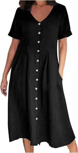 Women's Linen Midi Dress Elegant Button Down V-Neck Short Sleeve Dresses with Pockets Summer Beach Vacation Clothes