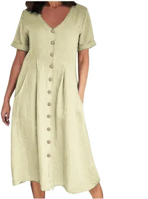 Women's Linen Midi Dress Elegant Button Down V-Neck Short Sleeve Dresses with Pockets Summer Beach Vacation Clothes