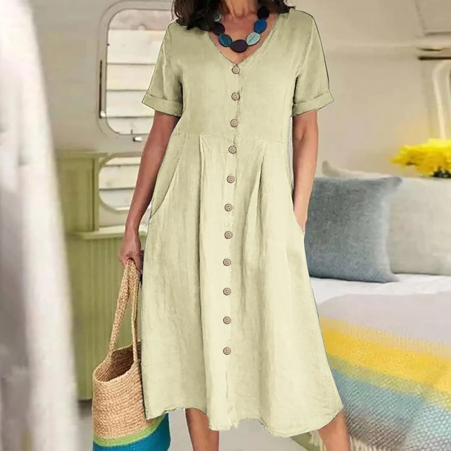 Women's Linen Midi Dress Elegant Button Down V-Neck Short Sleeve Dresses with Pockets Summer Beach Vacation Clothes