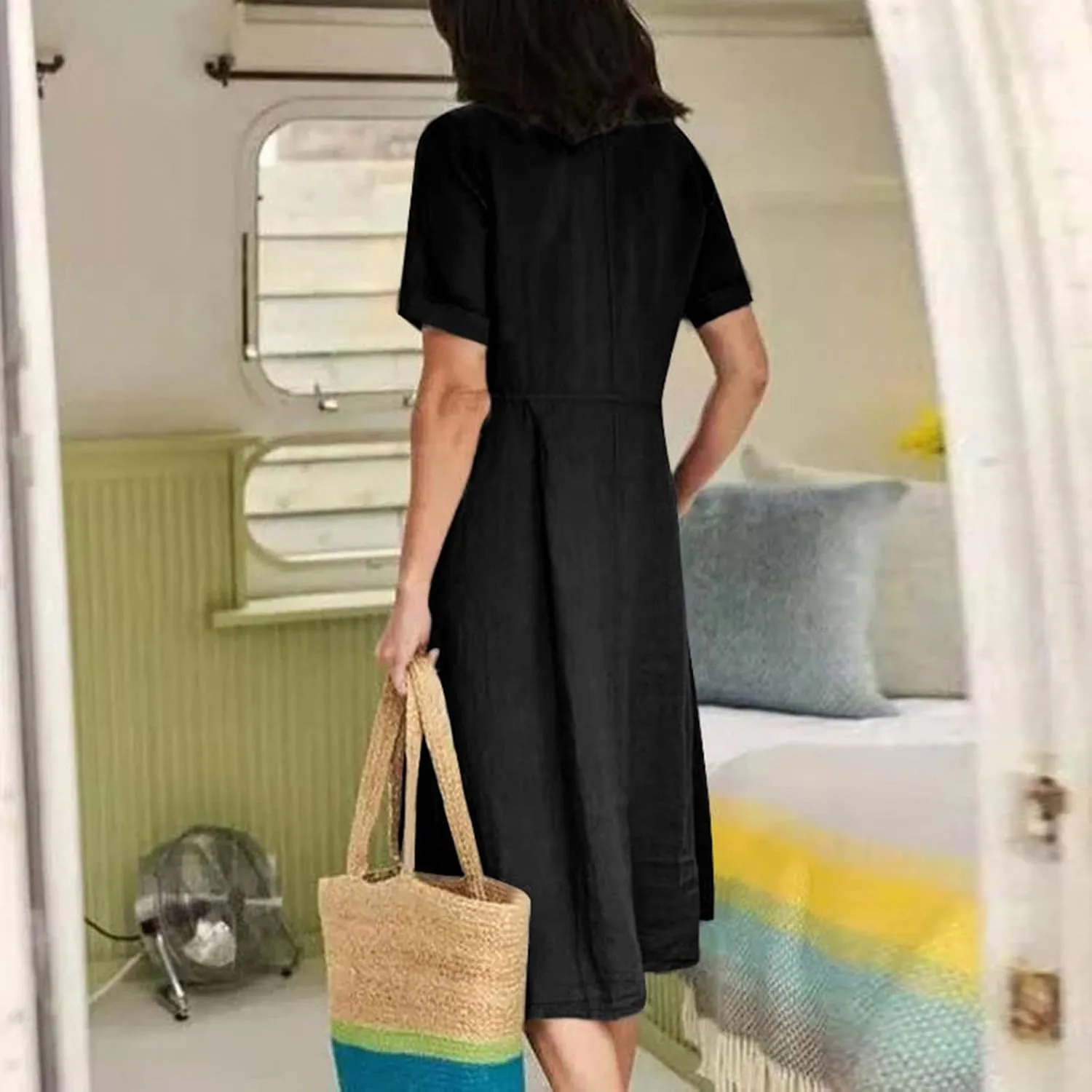 Women's Linen Midi Dress Elegant Button Down V-Neck Short Sleeve Dresses with Pockets Summer Beach Vacation Clothes