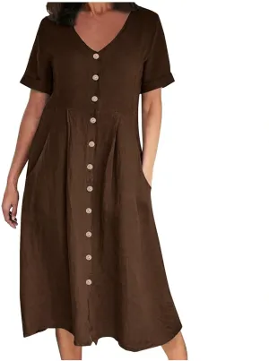 Women's Linen Midi Dress Elegant Button Down V-Neck Short Sleeve Dresses with Pockets Summer Beach Vacation Clothes