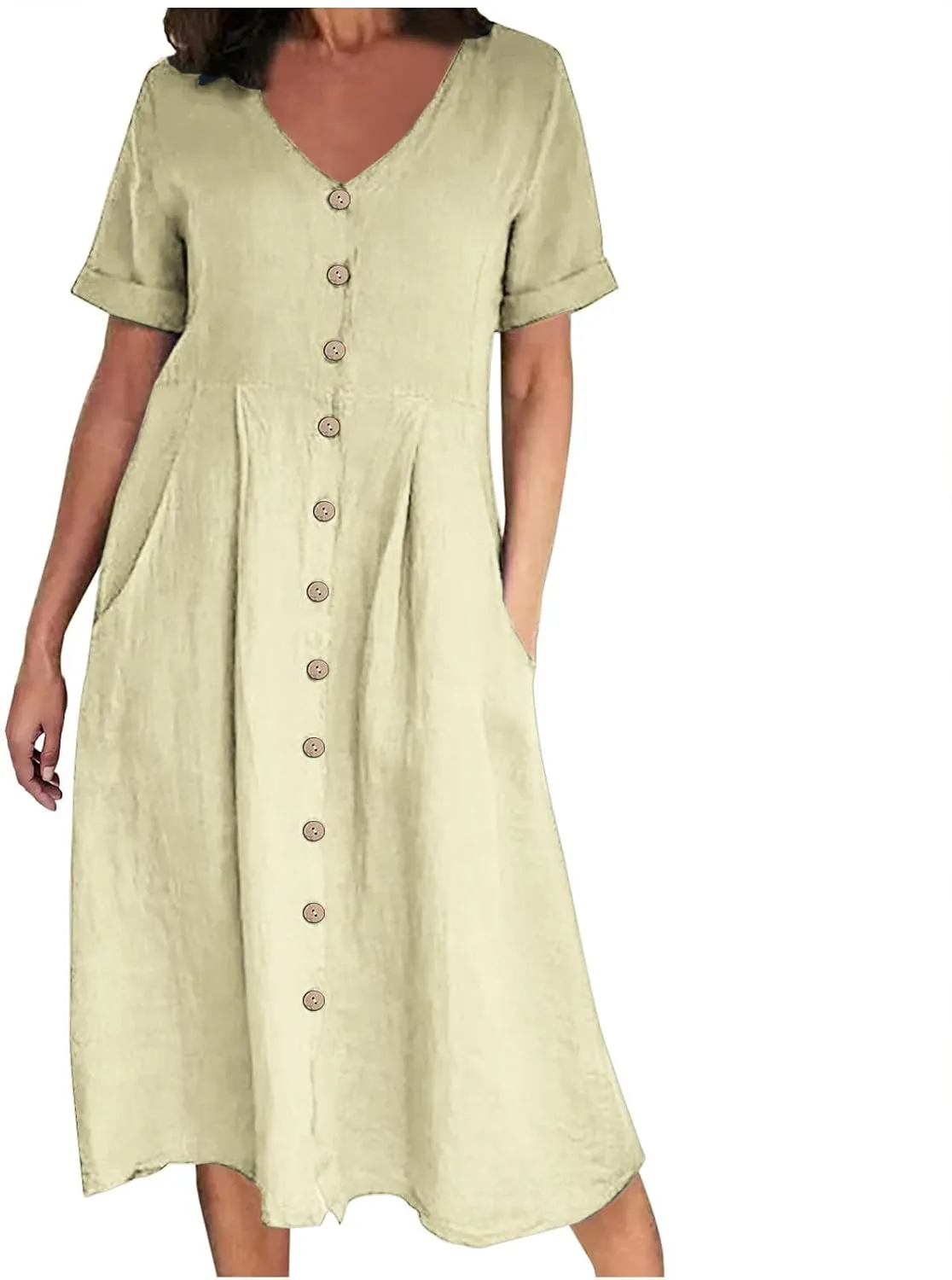 Women's Linen Midi Dress Elegant Button Down V-Neck Short Sleeve Dresses with Pockets Summer Beach Vacation Clothes
