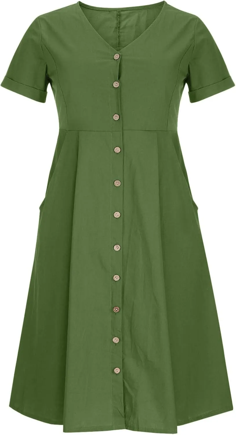 Women's Linen Midi Dress Elegant Button Down V-Neck Short Sleeve Dresses with Pockets Summer Beach Vacation Clothes