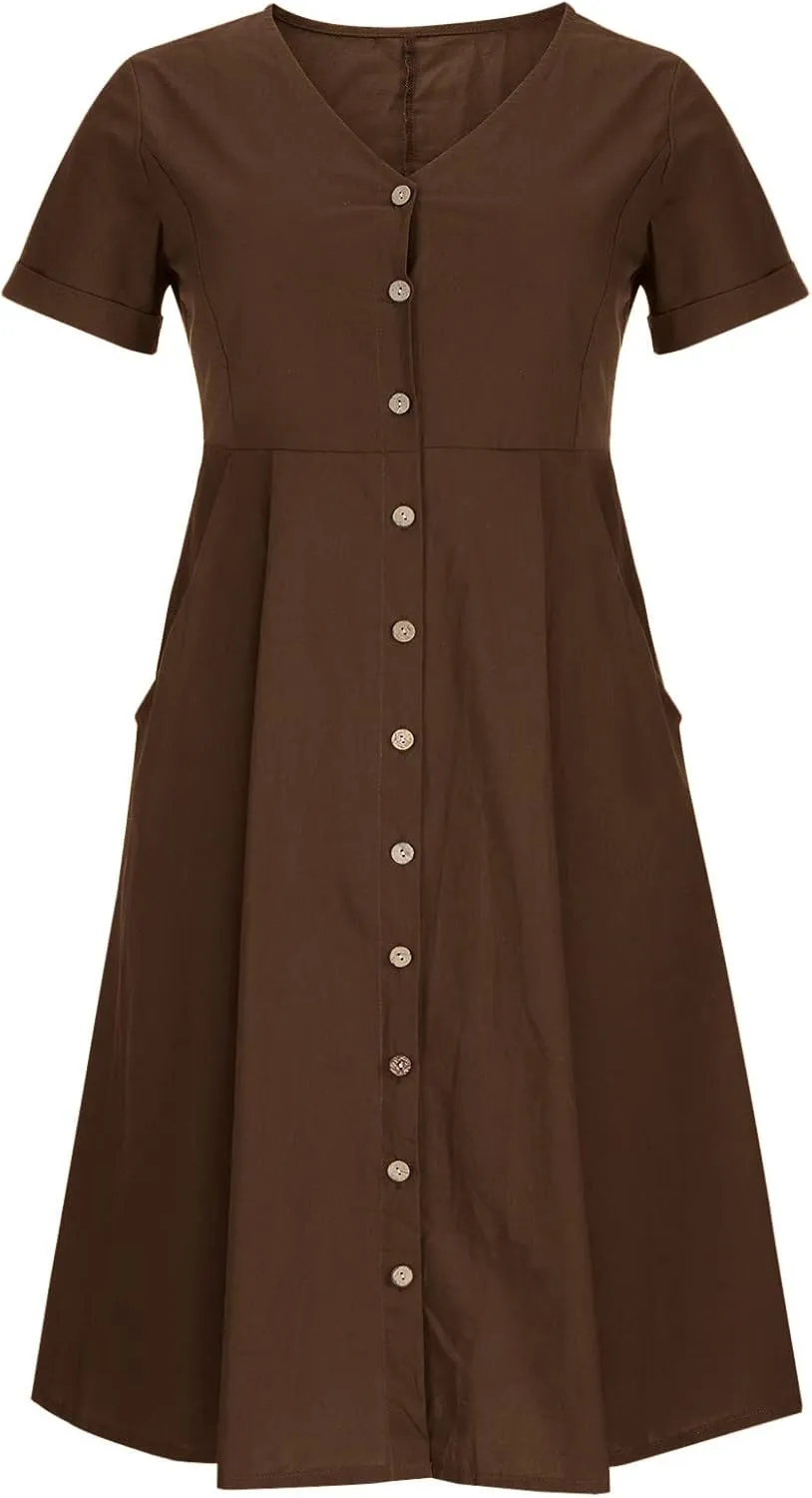 Women's Linen Midi Dress Elegant Button Down V-Neck Short Sleeve Dresses with Pockets Summer Beach Vacation Clothes