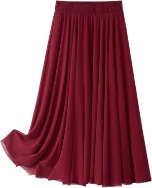Women's Long Skirt Summer Chiffon Elastic Waist Mid-Length A Line Skirts for Women