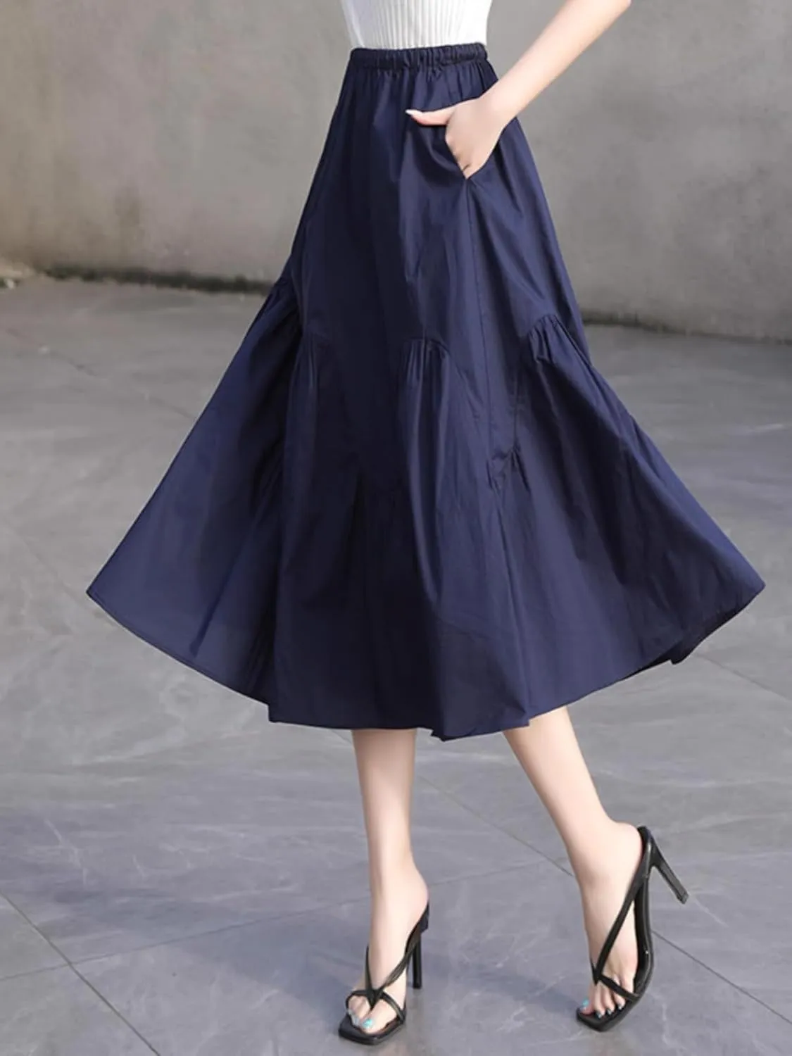 Women's Long Skirt Summer High-Waist Mid-Length Blue A Line Skirts for Women