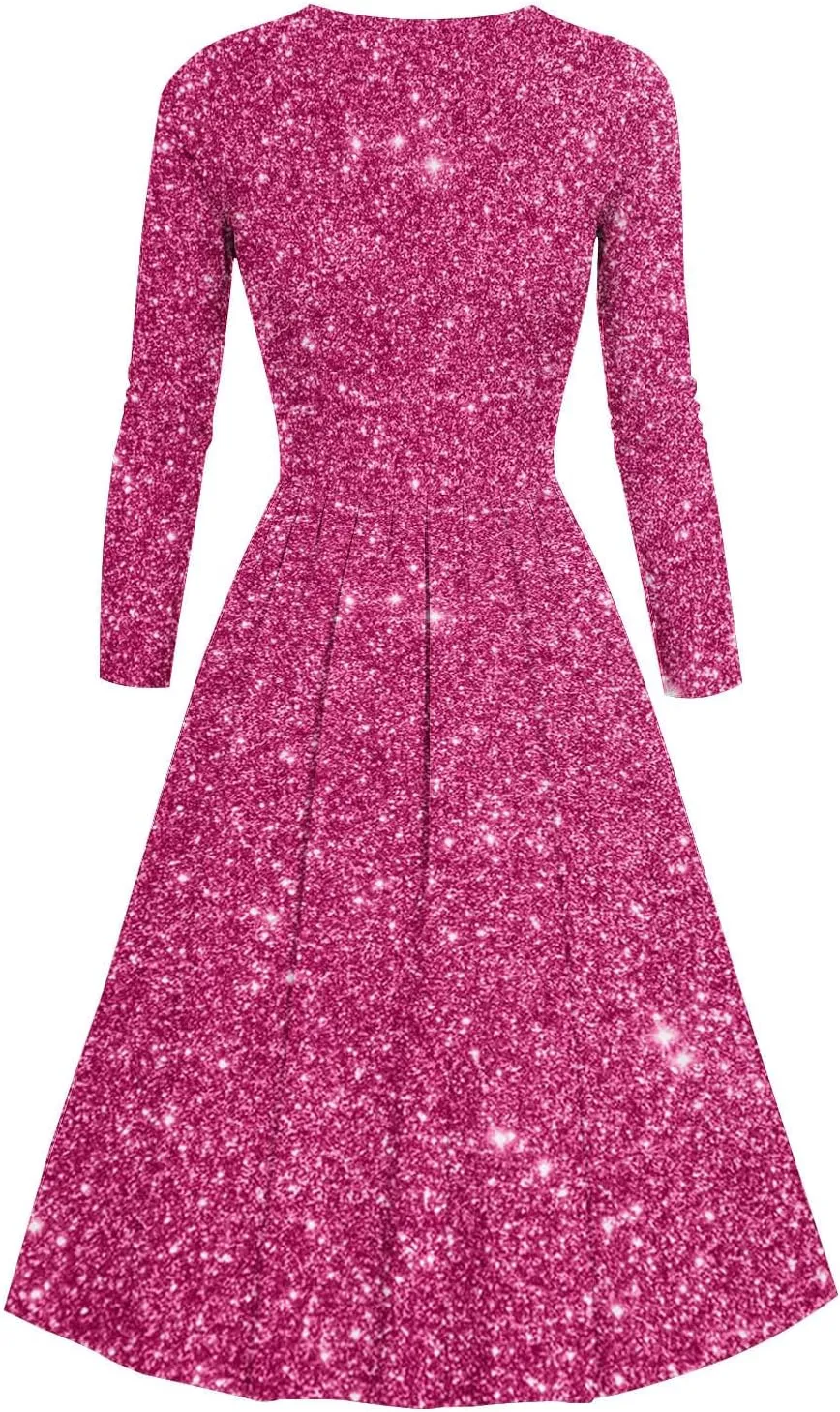 Women's Long Sleeve Dresses Casual Dots Print V Neck Wedding Guest Cocktail A Line Pleated Flowy Wrap Midi Dress