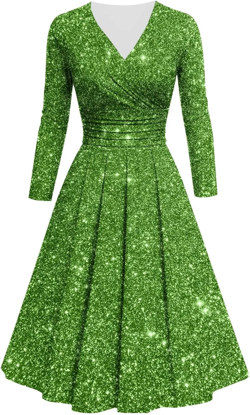 Women's Long Sleeve Dresses Casual Dots Print V Neck Wedding Guest Cocktail A Line Pleated Flowy Wrap Midi Dress