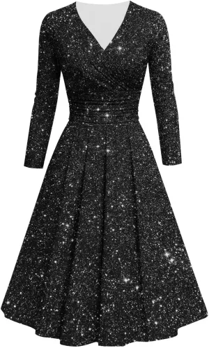 Women's Long Sleeve Dresses Casual Dots Print V Neck Wedding Guest Cocktail A Line Pleated Flowy Wrap Midi Dress