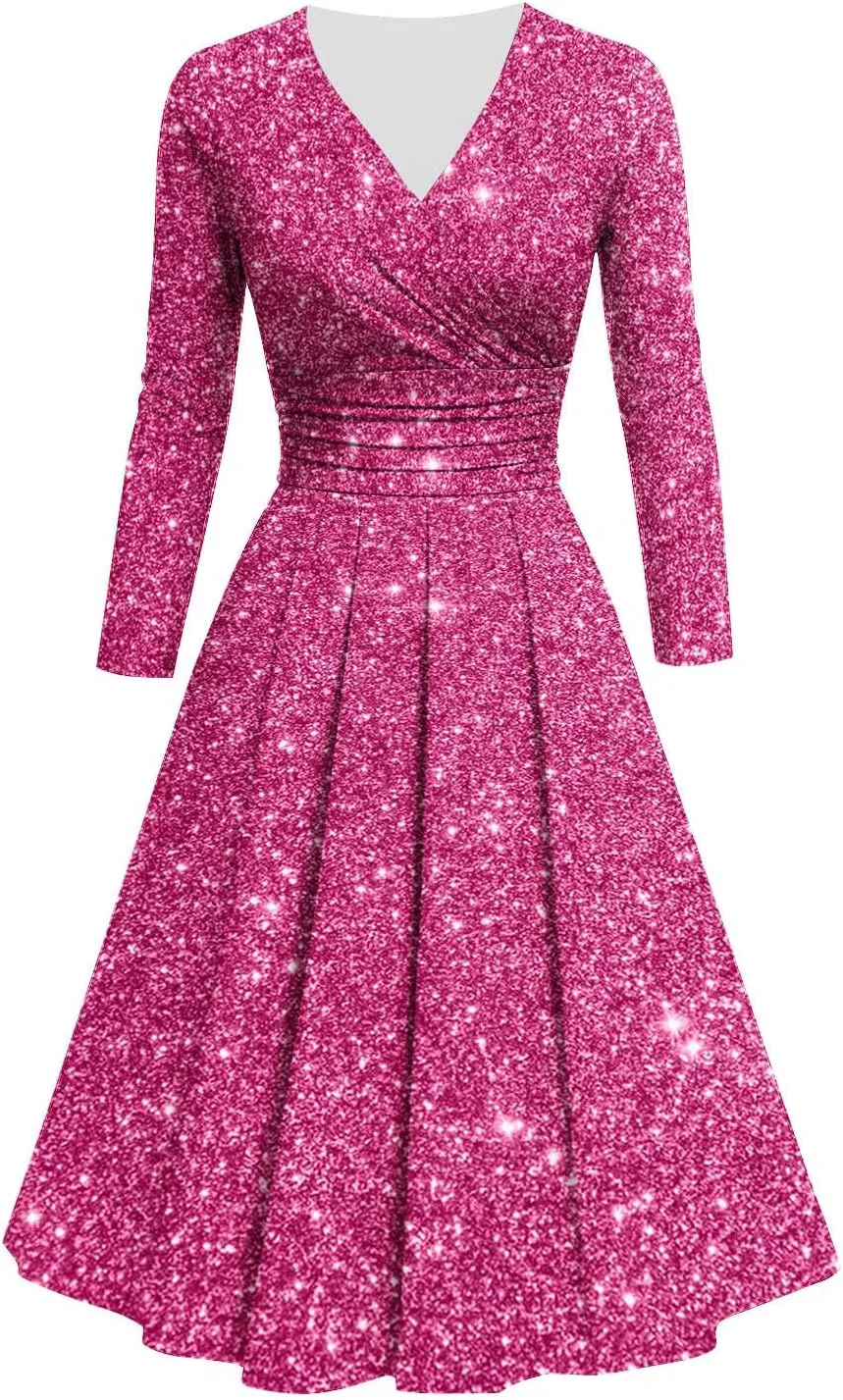 Women's Long Sleeve Dresses Casual Dots Print V Neck Wedding Guest Cocktail A Line Pleated Flowy Wrap Midi Dress