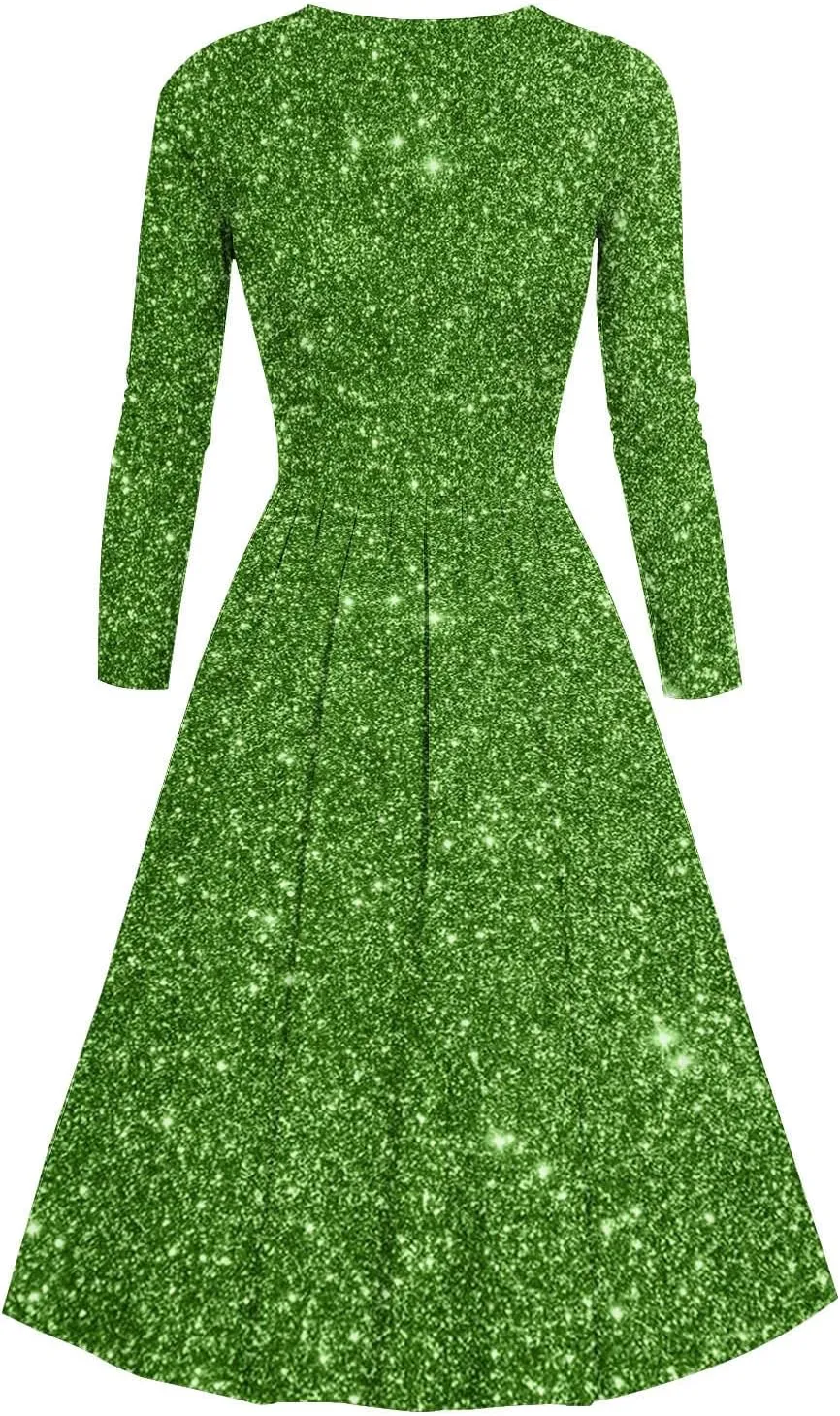 Women's Long Sleeve Dresses Casual Dots Print V Neck Wedding Guest Cocktail A Line Pleated Flowy Wrap Midi Dress