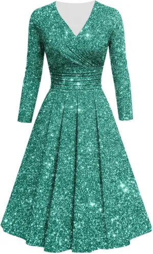 Women's Long Sleeve Dresses Casual Dots Print V Neck Wedding Guest Cocktail A Line Pleated Flowy Wrap Midi Dress