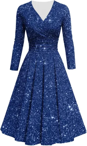 Women's Long Sleeve Dresses Casual Dots Print V Neck Wedding Guest Cocktail A Line Pleated Flowy Wrap Midi Dress