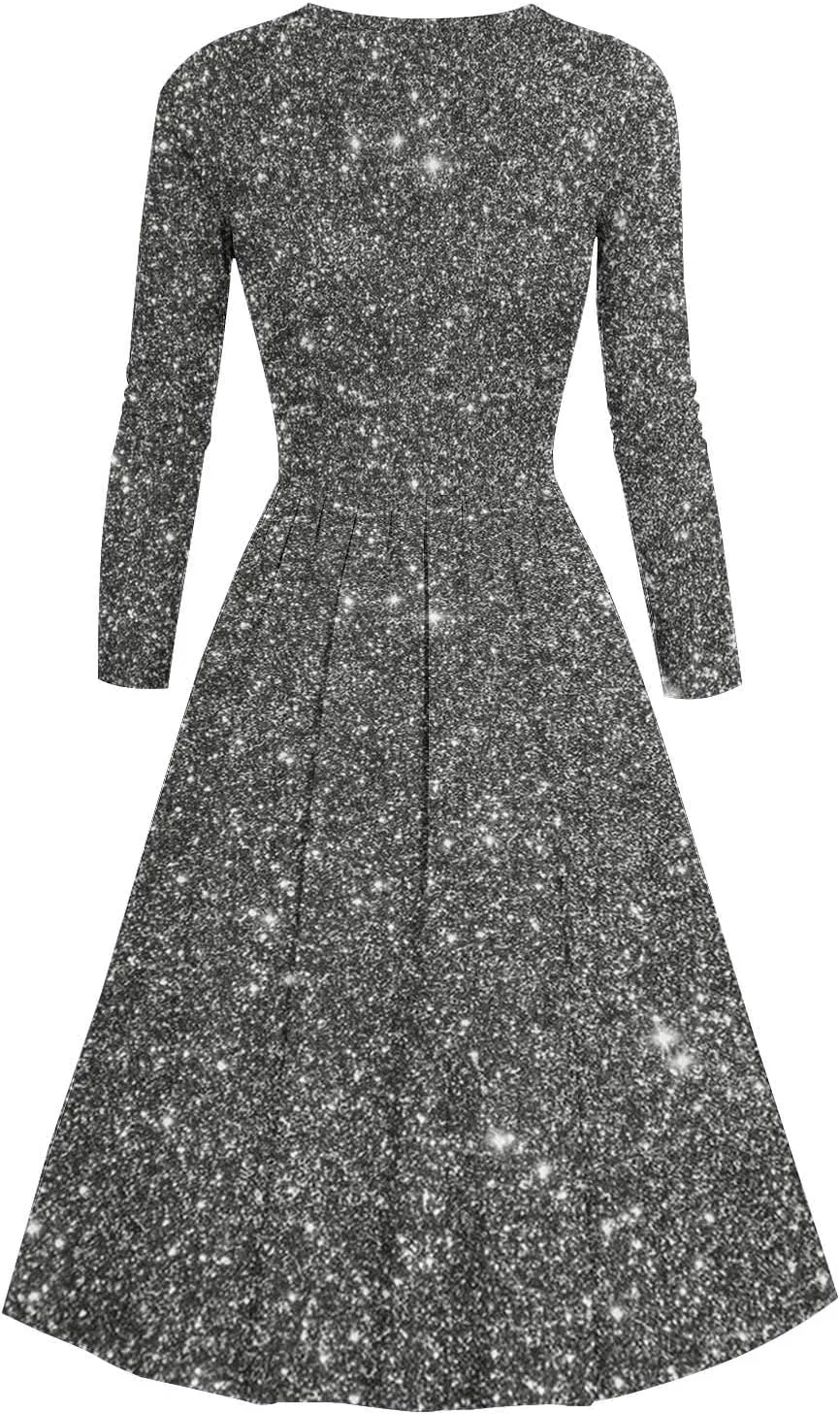 Women's Long Sleeve Dresses Casual Dots Print V Neck Wedding Guest Cocktail A Line Pleated Flowy Wrap Midi Dress