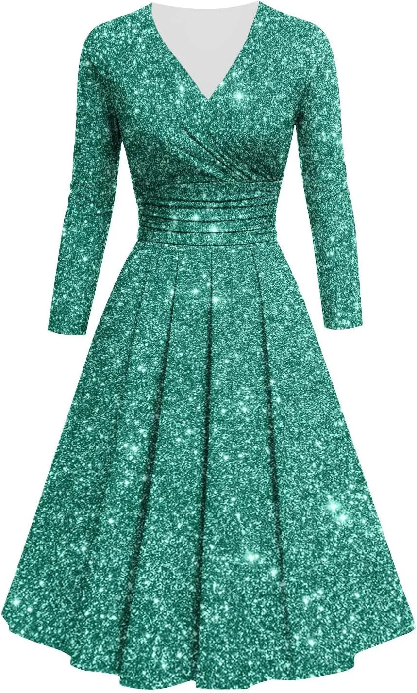 Women's Long Sleeve Dresses Casual Dots Print V Neck Wedding Guest Cocktail A Line Pleated Flowy Wrap Midi Dress