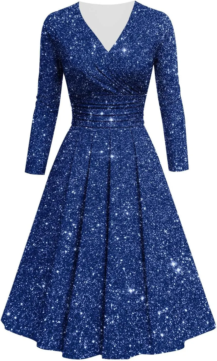 Women's Long Sleeve Dresses Casual Dots Print V Neck Wedding Guest Cocktail A Line Pleated Flowy Wrap Midi Dress
