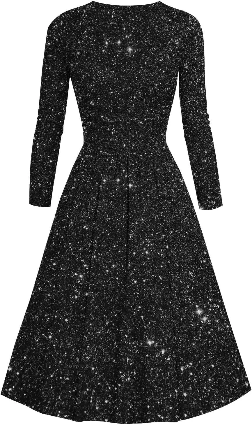 Women's Long Sleeve Dresses Casual Dots Print V Neck Wedding Guest Cocktail A Line Pleated Flowy Wrap Midi Dress