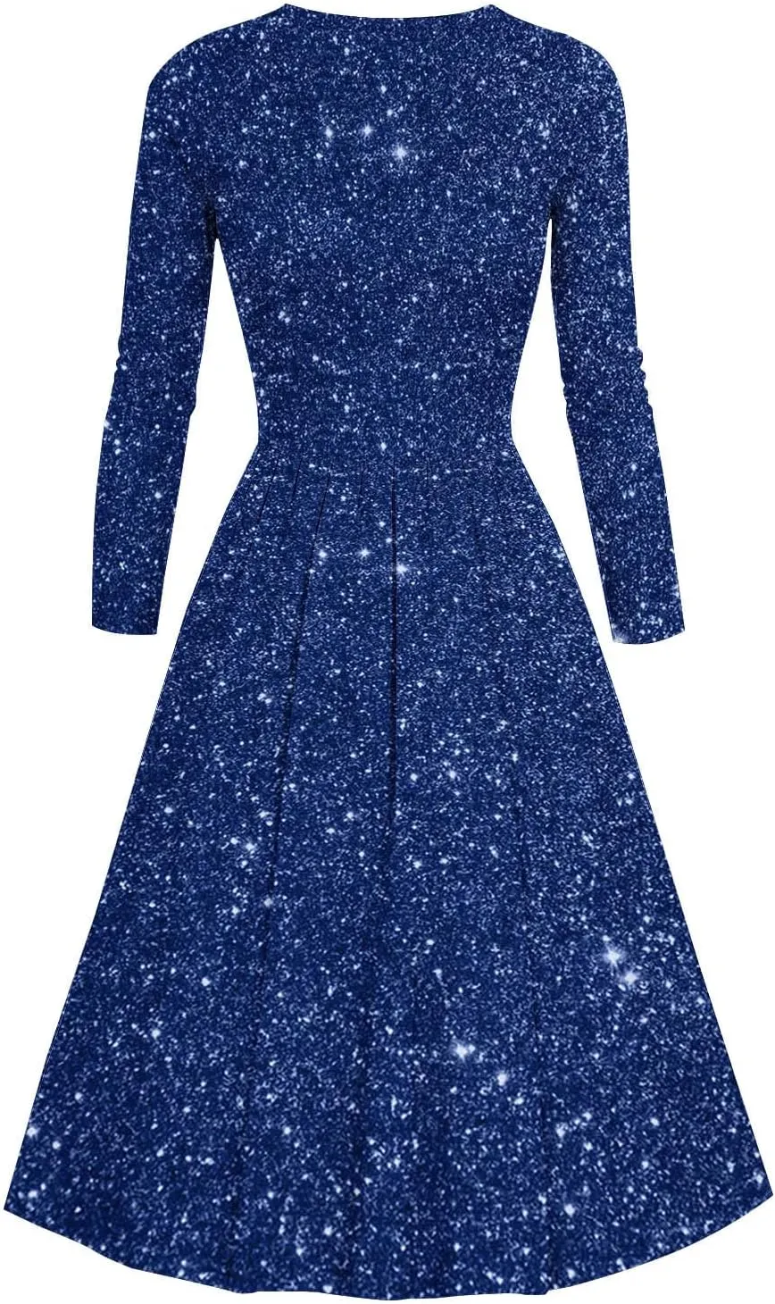 Women's Long Sleeve Dresses Casual Dots Print V Neck Wedding Guest Cocktail A Line Pleated Flowy Wrap Midi Dress