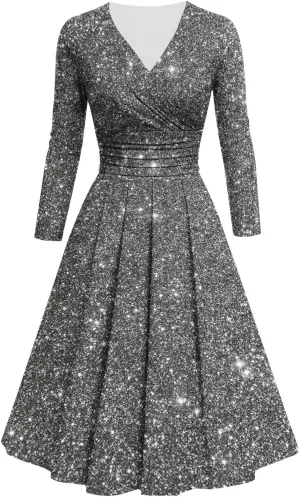 Women's Long Sleeve Dresses Casual Dots Print V Neck Wedding Guest Cocktail A Line Pleated Flowy Wrap Midi Dress