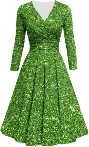 Women's Long Sleeve Dresses Casual Dots Print V Neck Wedding Guest Cocktail A Line Pleated Flowy Wrap Midi Dress