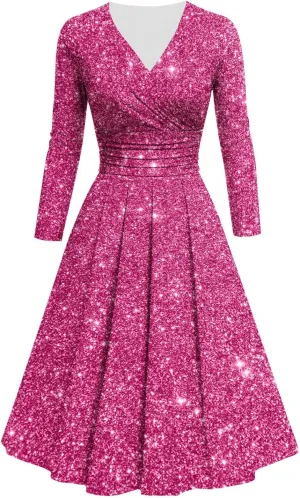 Women's Long Sleeve Dresses Casual Dots Print V Neck Wedding Guest Cocktail A Line Pleated Flowy Wrap Midi Dress
