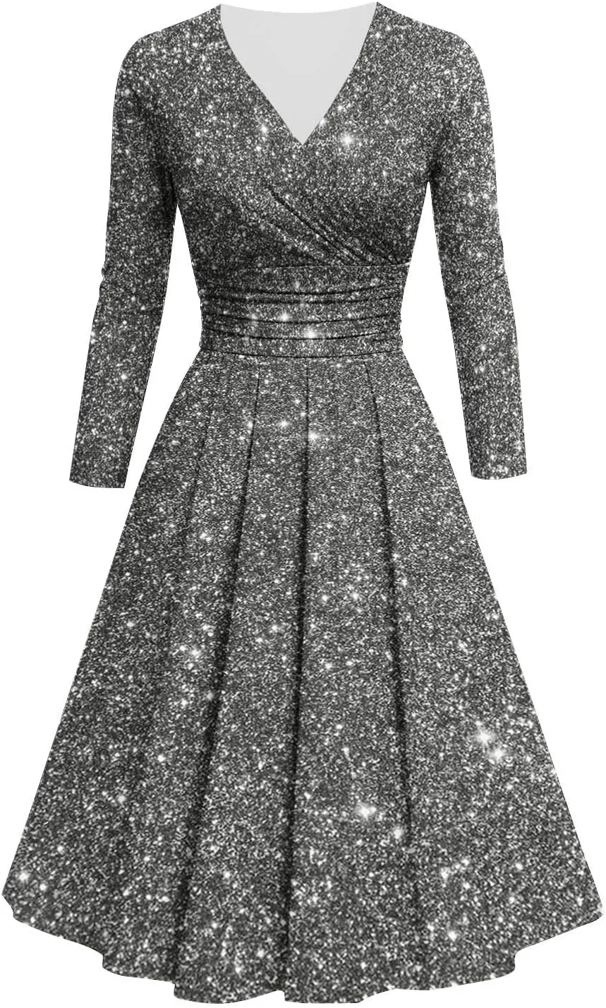 Women's Long Sleeve Dresses Casual Dots Print V Neck Wedding Guest Cocktail A Line Pleated Flowy Wrap Midi Dress