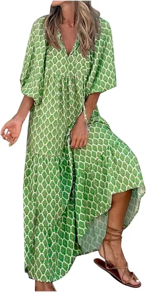 Womens Loose Fit Casual Summer V Neck Dress Boho Maxi Puff Sleeve Dresses Floral Flowy Swing Beach Vacation Dress