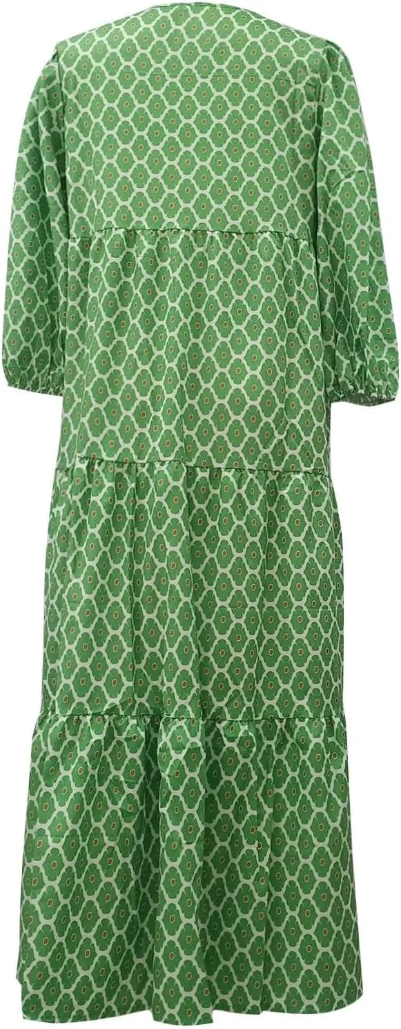 Womens Loose Fit Casual Summer V Neck Dress Boho Maxi Puff Sleeve Dresses Floral Flowy Swing Beach Vacation Dress