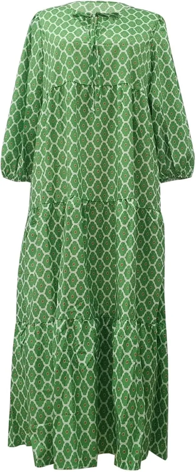 Womens Loose Fit Casual Summer V Neck Dress Boho Maxi Puff Sleeve Dresses Floral Flowy Swing Beach Vacation Dress
