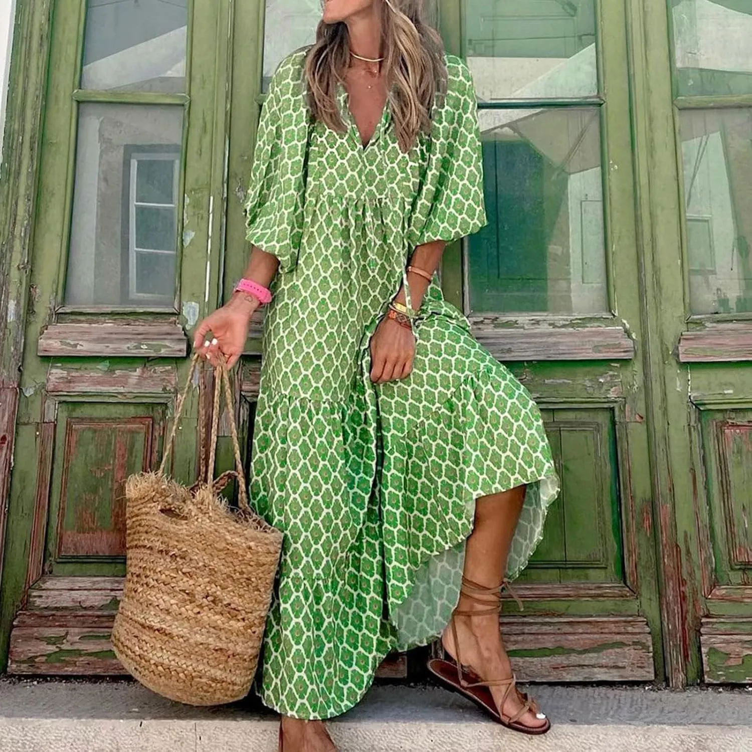 Womens Loose Fit Casual Summer V Neck Dress Boho Maxi Puff Sleeve Dresses Floral Flowy Swing Beach Vacation Dress