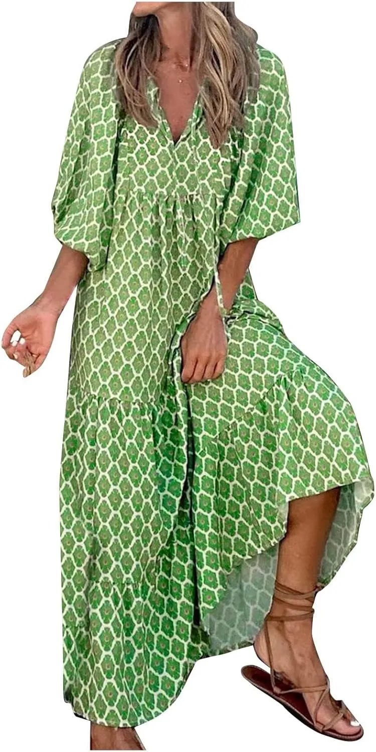 Womens Loose Fit Casual Summer V Neck Dress Boho Maxi Puff Sleeve Dresses Floral Flowy Swing Beach Vacation Dress