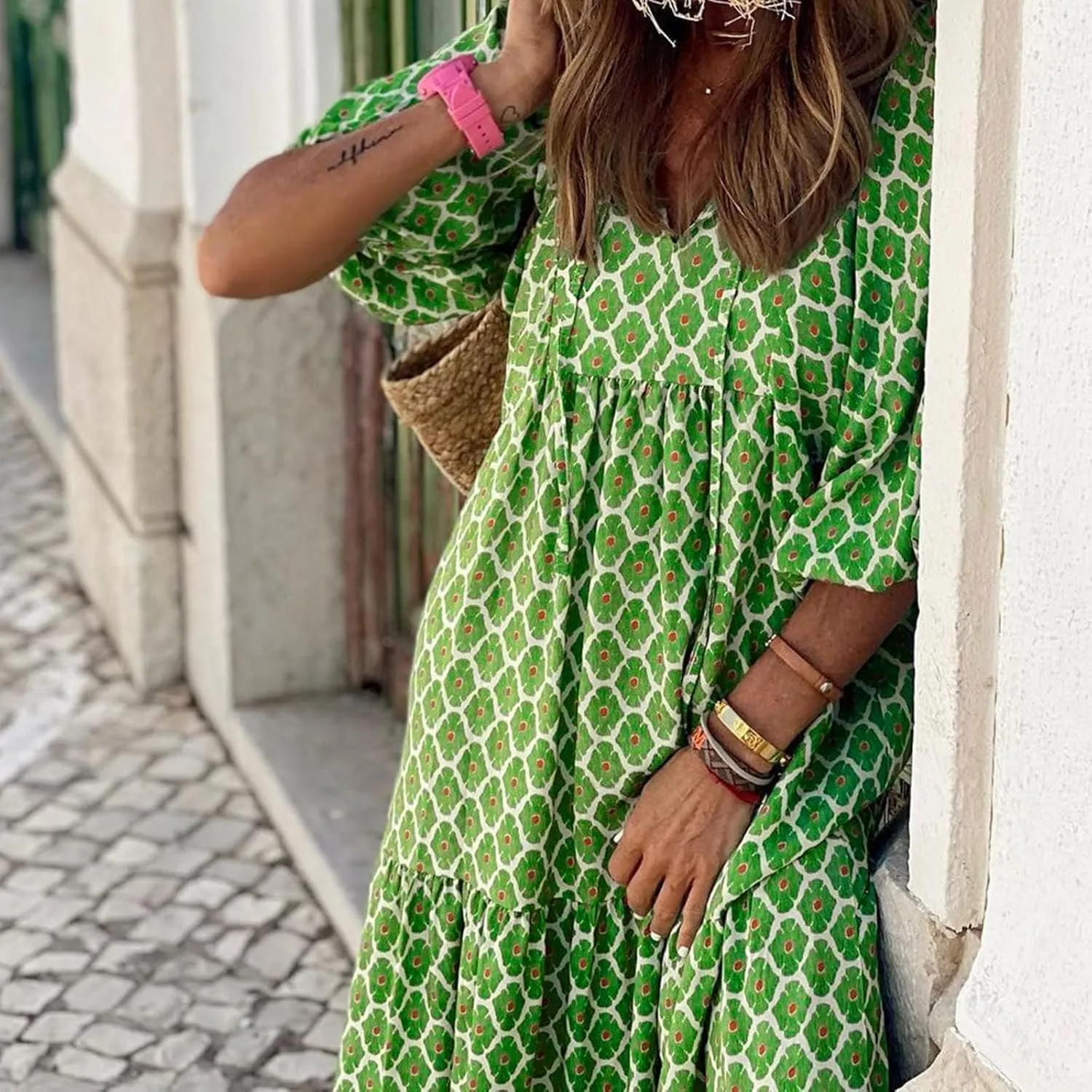 Womens Loose Fit Casual Summer V Neck Dress Boho Maxi Puff Sleeve Dresses Floral Flowy Swing Beach Vacation Dress