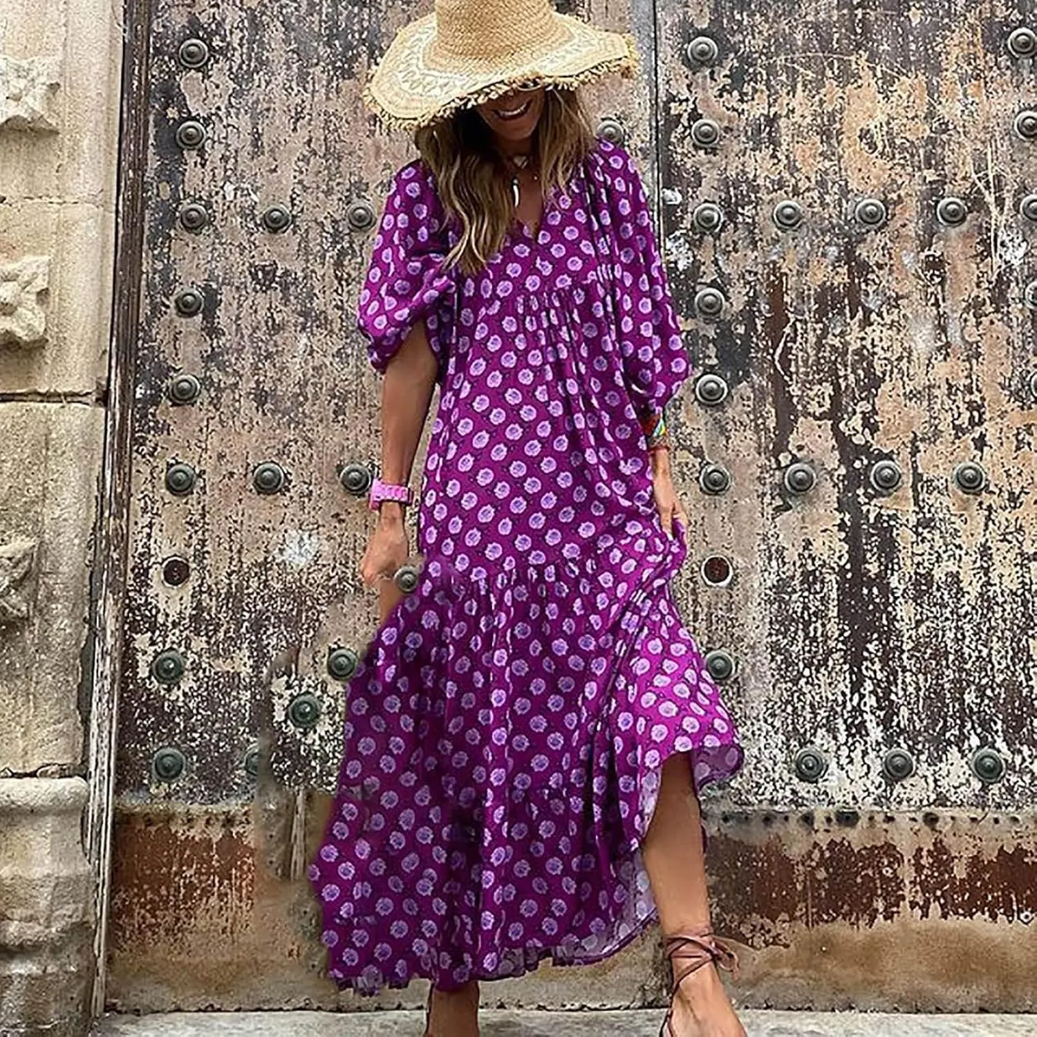 Womens Loose Fit Casual Summer V Neck Dress Boho Maxi Puff Sleeve Dresses Floral Flowy Swing Beach Vacation Dress