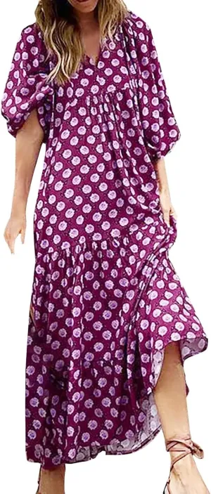 Womens Loose Fit Casual Summer V Neck Dress Boho Maxi Puff Sleeve Dresses Floral Flowy Swing Beach Vacation Dress