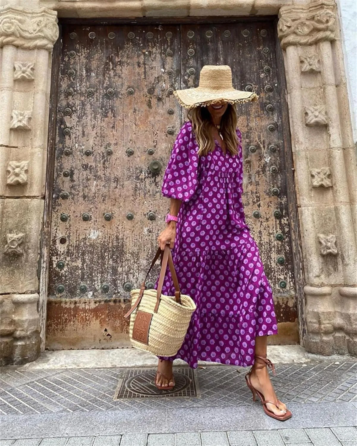 Womens Loose Fit Casual Summer V Neck Dress Boho Maxi Puff Sleeve Dresses Floral Flowy Swing Beach Vacation Dress