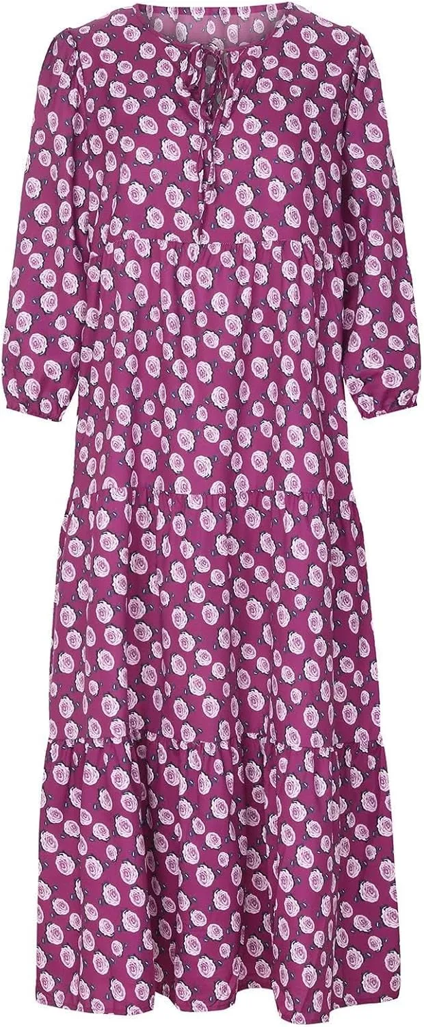 Womens Loose Fit Casual Summer V Neck Dress Boho Maxi Puff Sleeve Dresses Floral Flowy Swing Beach Vacation Dress