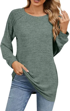 Women's Loose T Shirts Solid Color Lightweight Crewneck Long Sleeve Regular Fit Tunics Fall Outdoor Workout Basic Tees