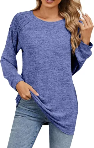 Women's Loose T Shirts Solid Color Lightweight Crewneck Long Sleeve Regular Fit Tunics Fall Outdoor Workout Basic Tees