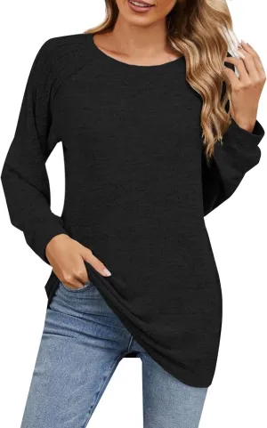 Women's Loose T Shirts Solid Color Lightweight Crewneck Long Sleeve Regular Fit Tunics Fall Outdoor Workout Basic Tees
