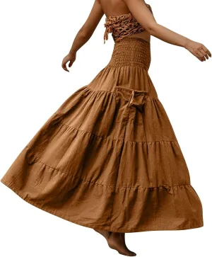 Womens Maxi Boho Skirt Long Pockets Hippie Bohemian Elastic Waist Gypsy Skirt Summer Flowy Pleated Tiered A Line Skirts